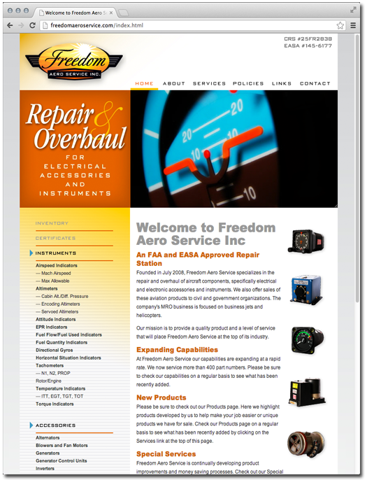 The Freedom Aero Service home page. Content management by Unify. The image is an HTML5 compatible rotating animation with fade in and out.